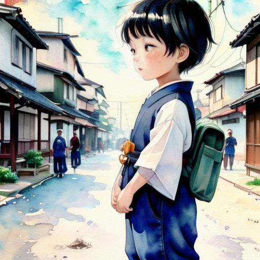 a young boy with a backpack standing on a street in front of a building with people walking by on the sidewalk