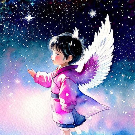 a painting of a little girl with angel wings in the sky with stars in the background and a purple background