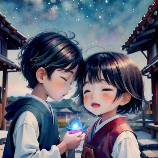 two children are looking at a small light in their hands, with a sky background and stars in the sky