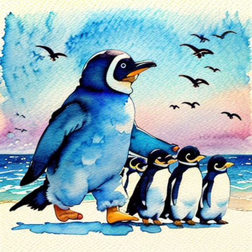 a painting of a penguin with three penguins on the beach and birds flying around it, and a sunset in the background