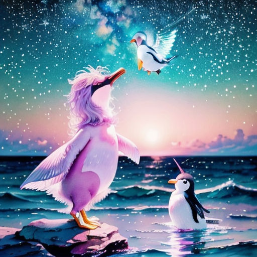 a painting of a penguin and a penguinling in the ocean with a star filled sky in the background
