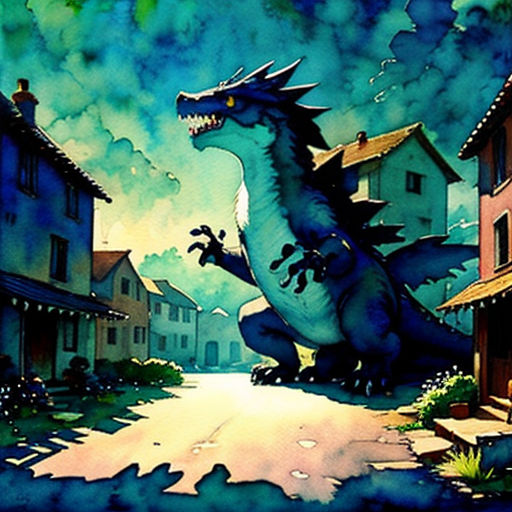 a painting of a dragon on a street with buildings in the background and a sky background with clouds and buildings