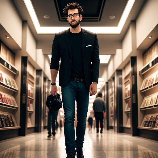 a man in a suit and glasses walking down a hall of books in a library with a backpack on his shoulder