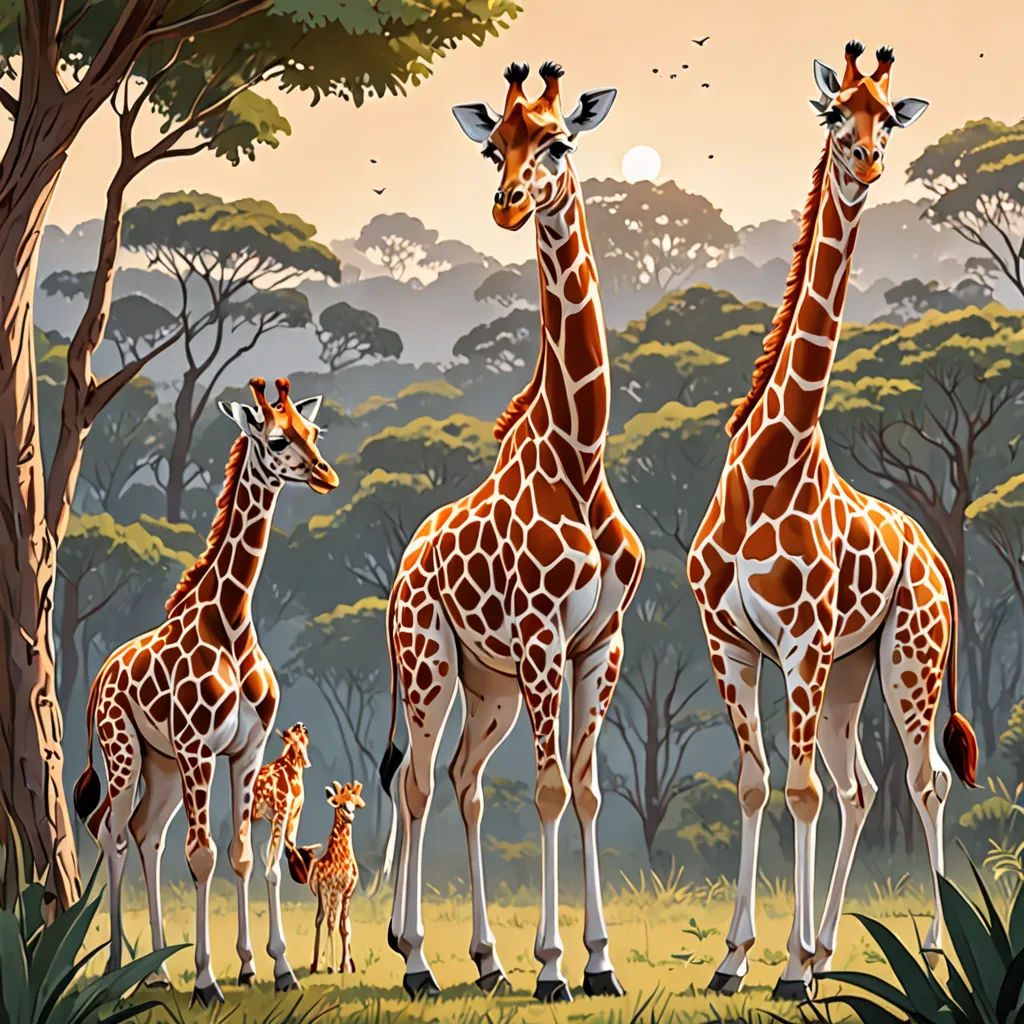 a group of giraffes standing in a field with trees in the background and a full moon in the sky, fantastic realism, a storybook illustration, Chris LaBrooy, highly detailed digital painting