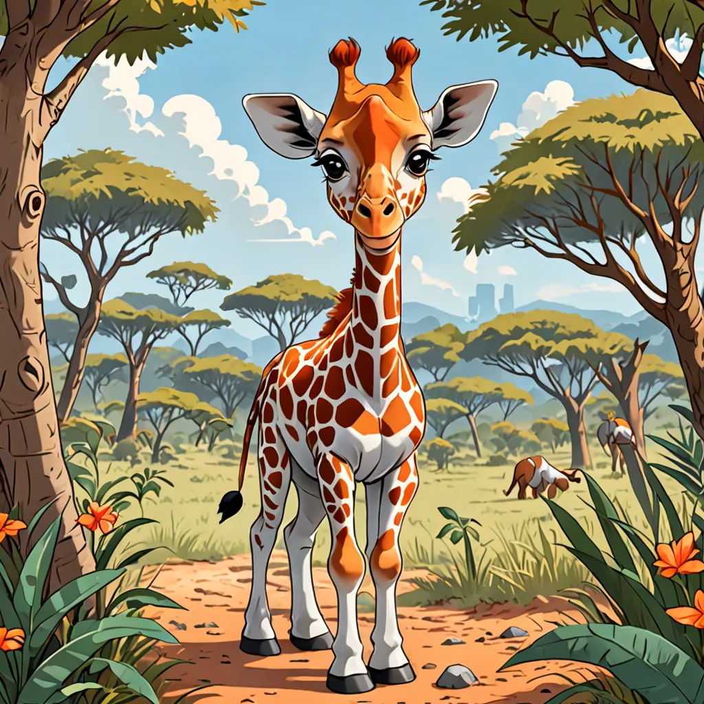 a giraffe standing in a forest with trees and flowers around it and a sky background with clouds, naive art, a storybook illustration, Chris LaBrooy, highly detailed digital painting