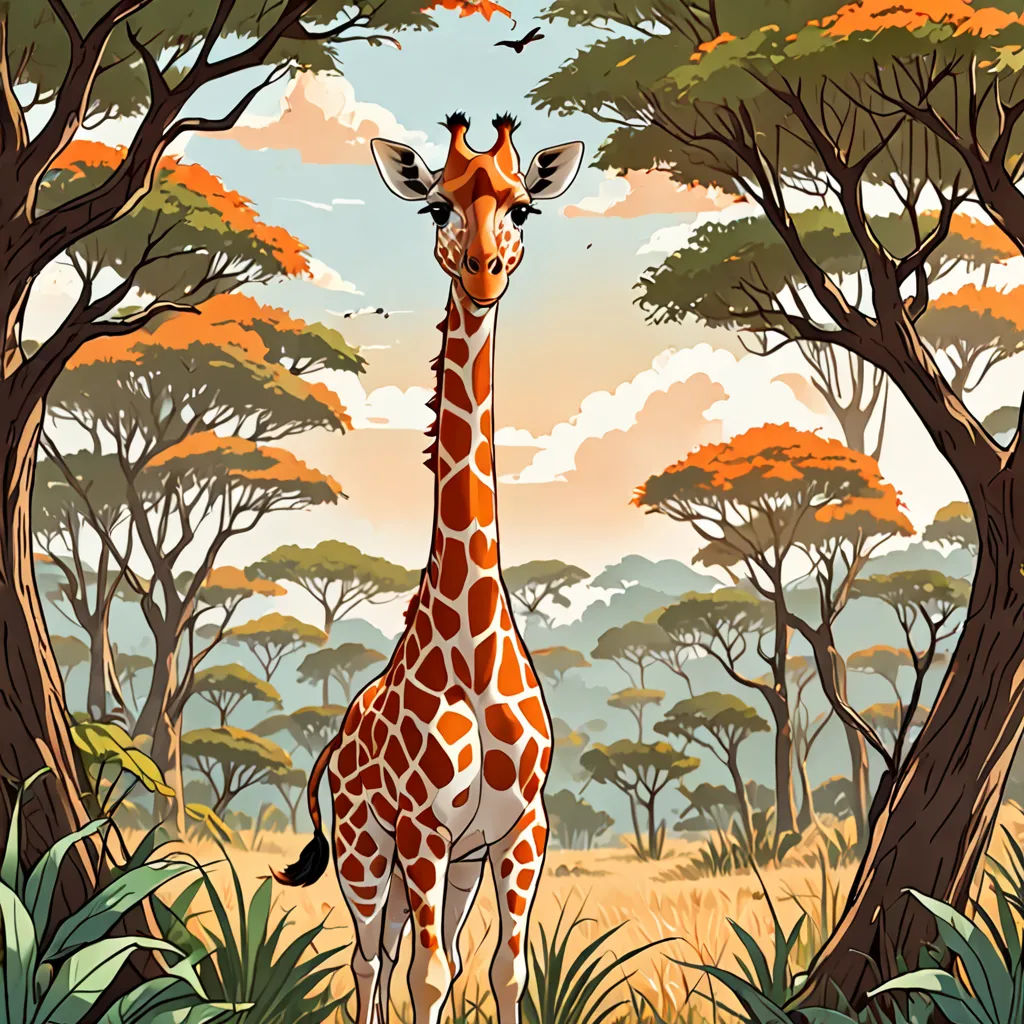 a giraffe standing in the middle of a forest with trees and bushes around it, with a sky background, primitivism, a storybook illustration, Chris LaBrooy, highly detailed digital painting