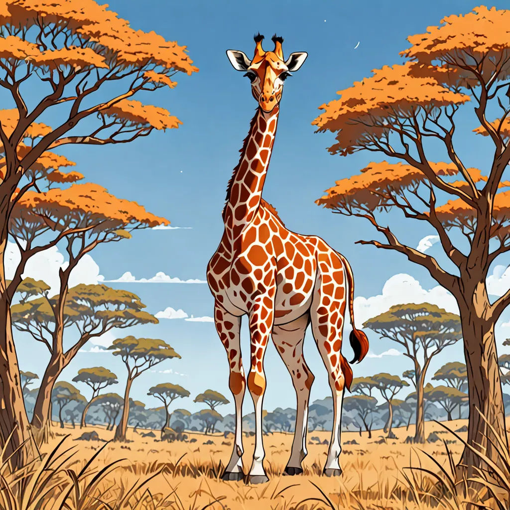 a giraffe standing in a field with trees in the background and a sky background with clouds in the sky, serial art, a storybook illustration, Chris LaBrooy, rossdraws global illumination