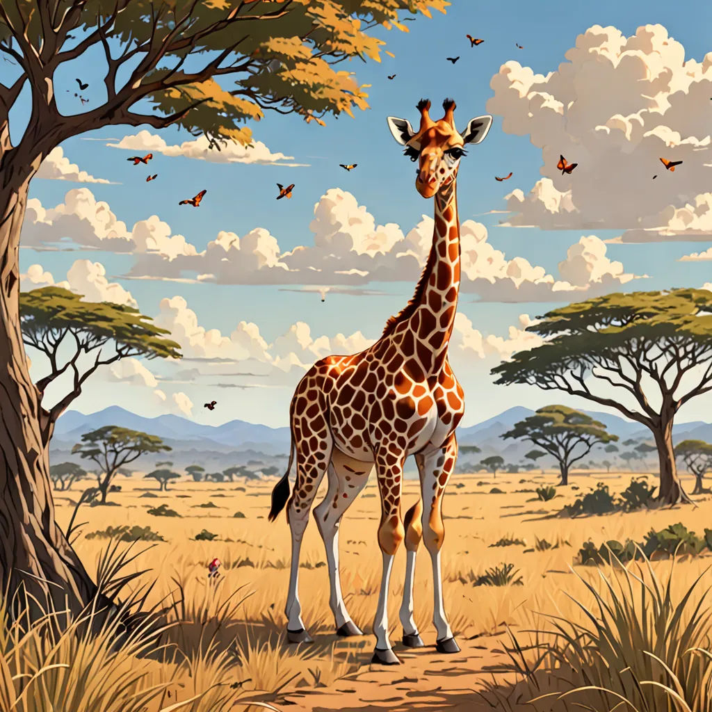 a giraffe standing in a field next to a tree and butterflies flying in the sky above it, fantastic realism, an airbrush painting, Chris LaBrooy, highly detailed digital painting