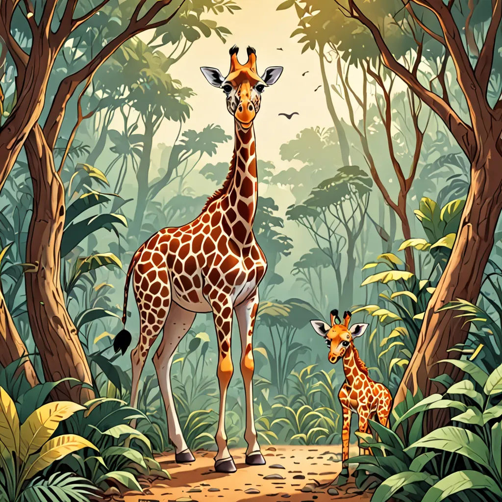 a giraffe and her baby in a jungle setting with trees and birds in the background, with a bird flying overhead, naive art, a storybook illustration, Chris LaBrooy, highly detailed digital painting