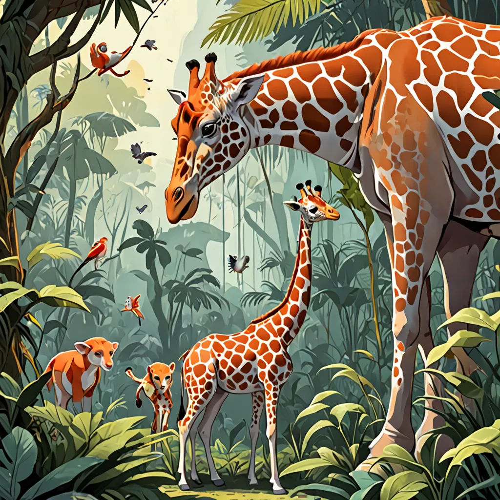 a giraffe and her babies in a jungle setting with birds and other animals around them, including a bird, fantastic realism, a storybook illustration, Chris LaBrooy, in gouache detailed paintings