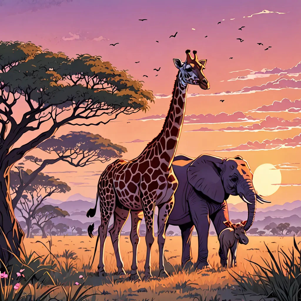 a giraffe and a baby elephant standing in a field with a sunset in the background and birds flying overhead, naturalism, a storybook illustration, Chris LaBrooy, storybook illustration
