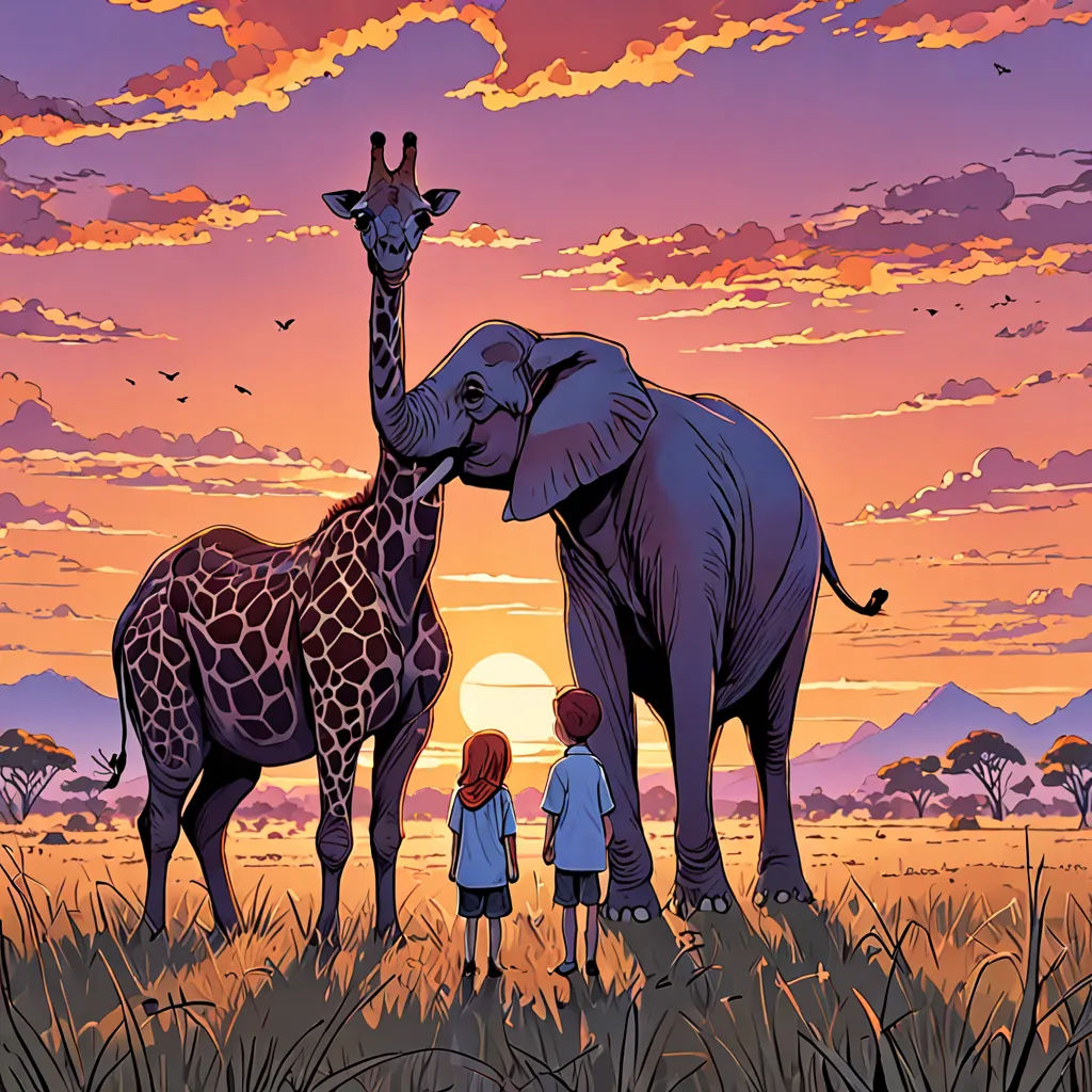 a couple of giraffe standing next to a baby giraffe on a field of grass with a sunset in the background, magical realism, a storybook illustration, Bill Watterson, comic cover art
