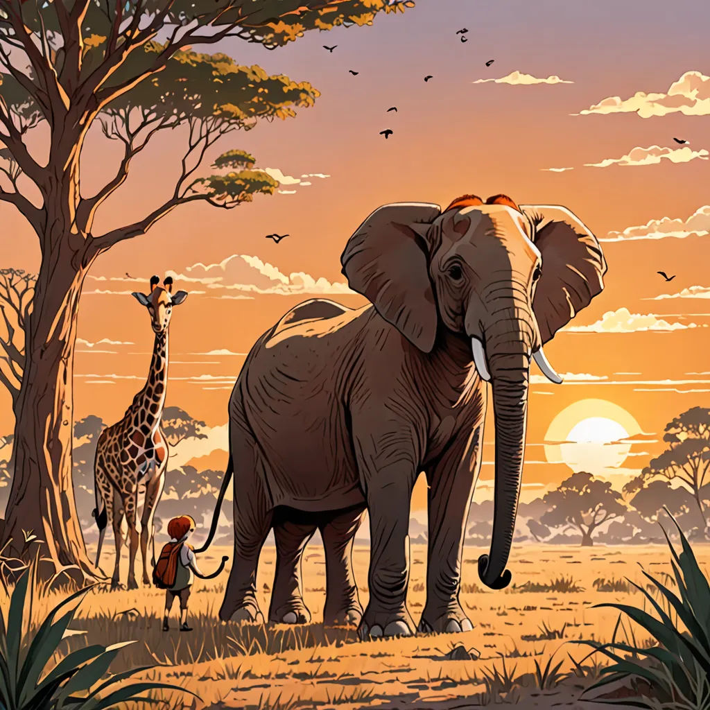 a painting of a group of animals in a field with a sunset in the background and a giraffe and a giraffe, fantastic realism, a storybook illustration, Chris LaBrooy, storybook illustration
