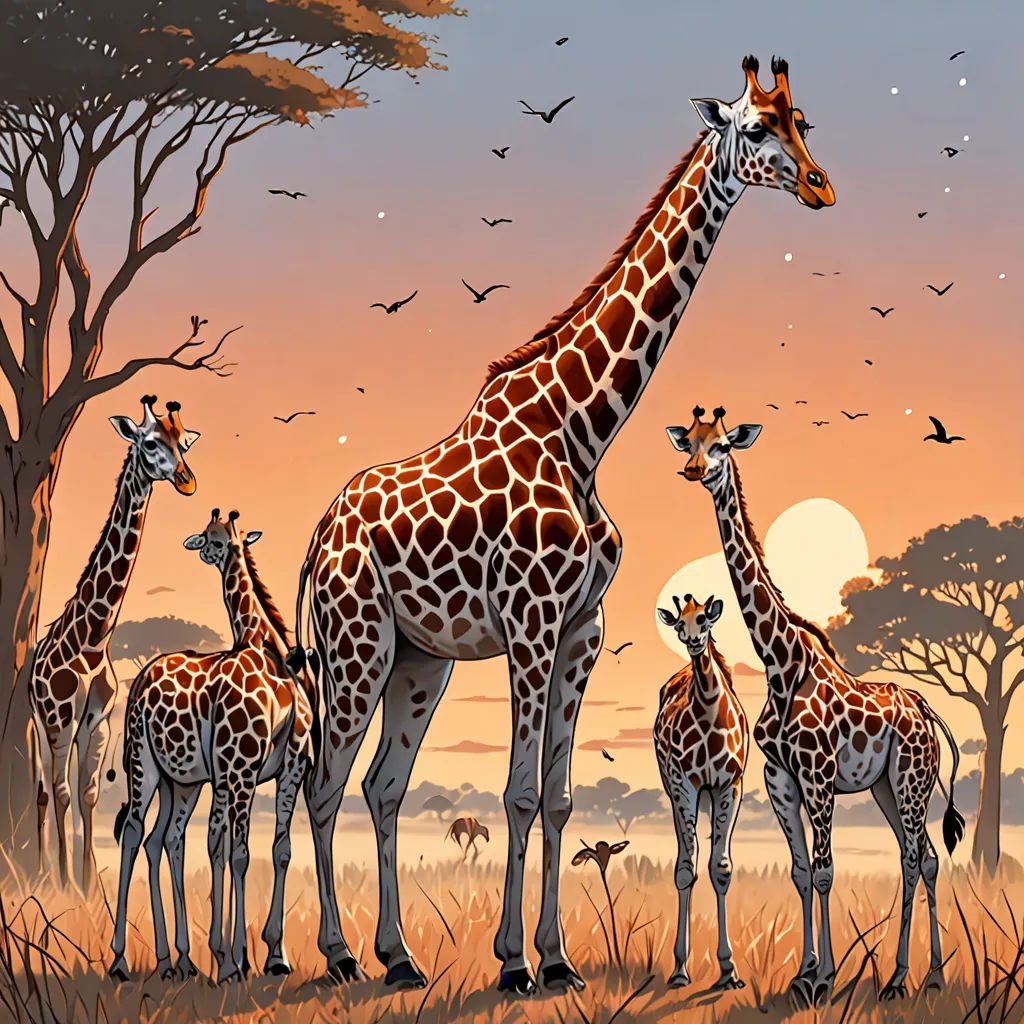 a group of giraffes standing in a field with a sunset in the background and birds flying overhead, fantastic realism, a storybook illustration, Chris LaBrooy, highly detailed digital painting