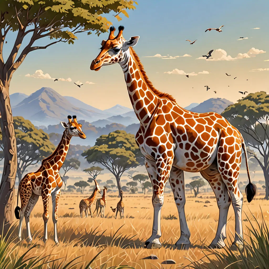 a painting of a giraffe and her babies in a field with mountains in the background and birds flying overhead, fantastic realism, an airbrush painting, Chris LaBrooy, highly detailed digital painting