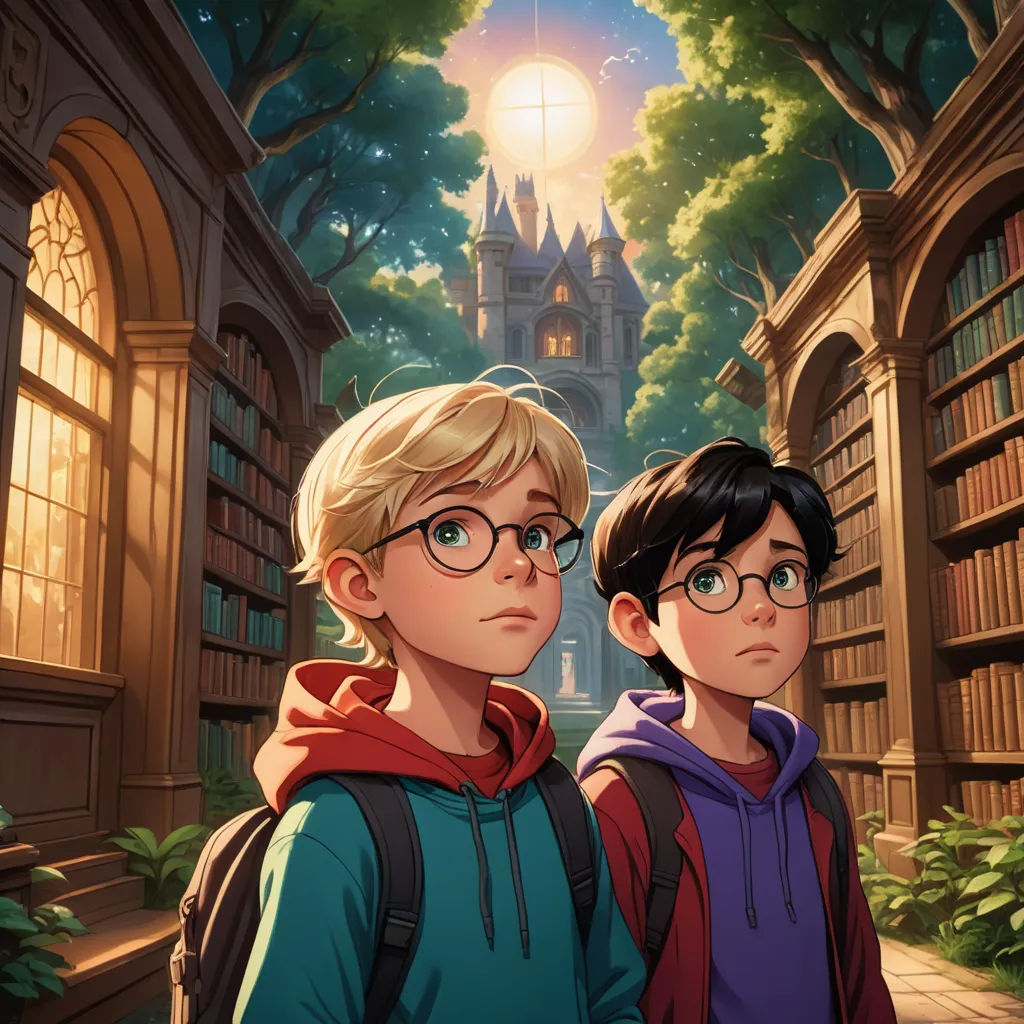 two young boys standing in front of a book shelf with a castle in the background and a light shining on them, sots art, a storybook illustration, Brothers Hildebrandt, official art