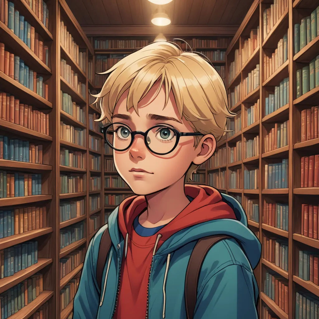 a boy in a library with glasses and a backpack on his shoulders, looking at the camera and to the side, sots art, a character portrait, Cedric Seaut (Keos Masons), official art