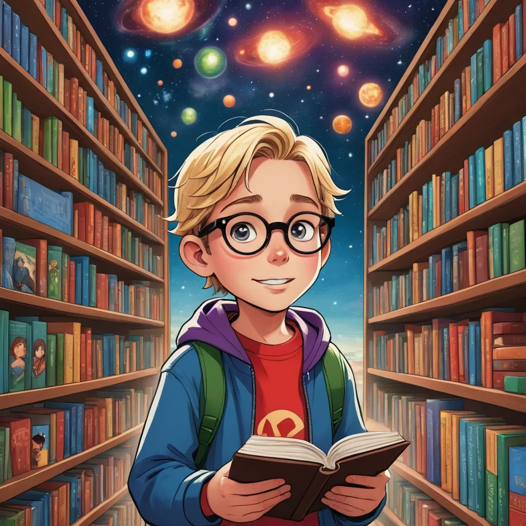 a boy reading a book in a library with a lot of bookshelves in the background and a lot of lights, space art, a storybook illustration, Aaron Jasinski, comic cover art