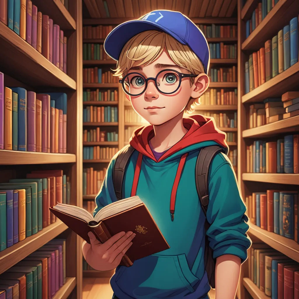 a boy in a library reading a book with glasses on his head and a cap on his head, and a book in his hands, sots art, a character portrait, Diego Gisbert Llorens, rossdraws global illumination