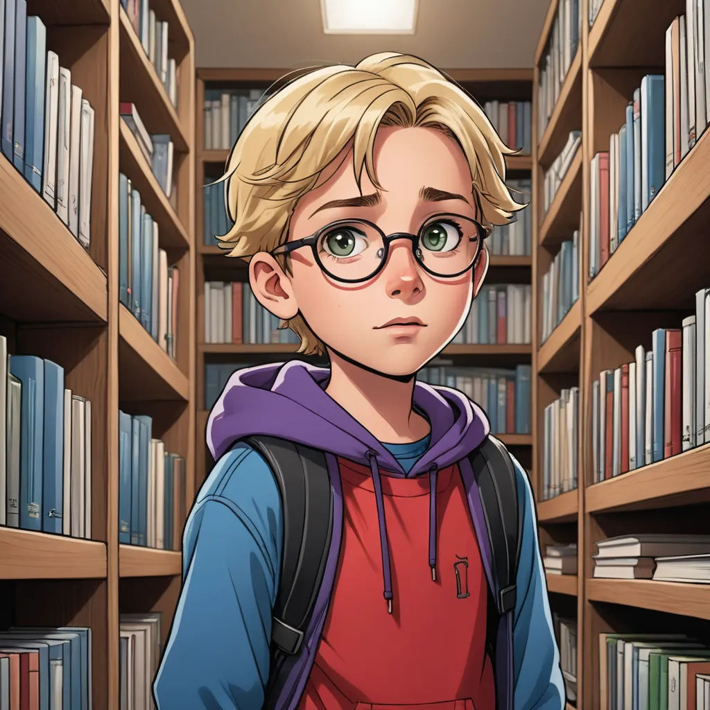 a cartoon boy with glasses standing in a library with bookshelves behind him and looking at the camera, sots art, a character portrait, Everett Warner, official art