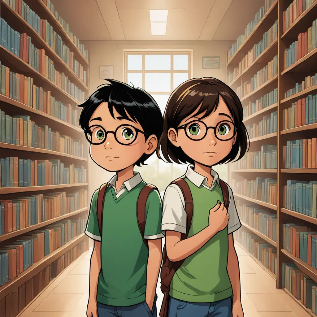 two children standing in a library with bookshelves behind them and a window to the left of the room, sots art, a storybook illustration, Diego Gisbert Llorens, comic cover art