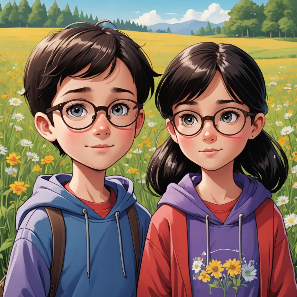 a couple of kids standing next to each other in a field of flowers and grass with trees in the background, serial art, a storybook illustration, David Park, official art