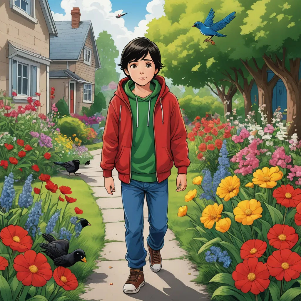 a boy walking down a path in a garden with flowers and birds flying around him and a house in the background, vancouver school, a storybook illustration, Cliff Childs, official art