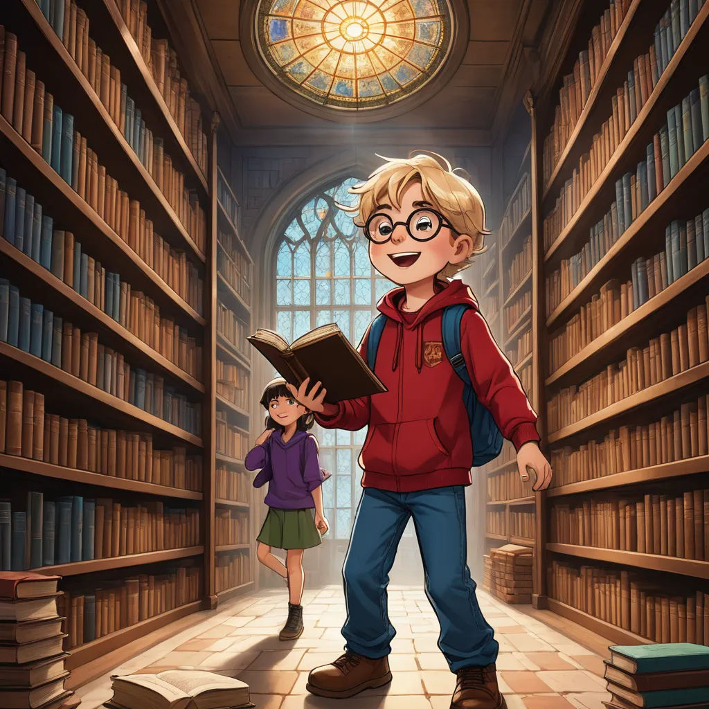 a cartoon boy and girl standing in a library with bookshelves and a book in front of them, fantasy art, a storybook illustration, Diego Gisbert Llorens, official art