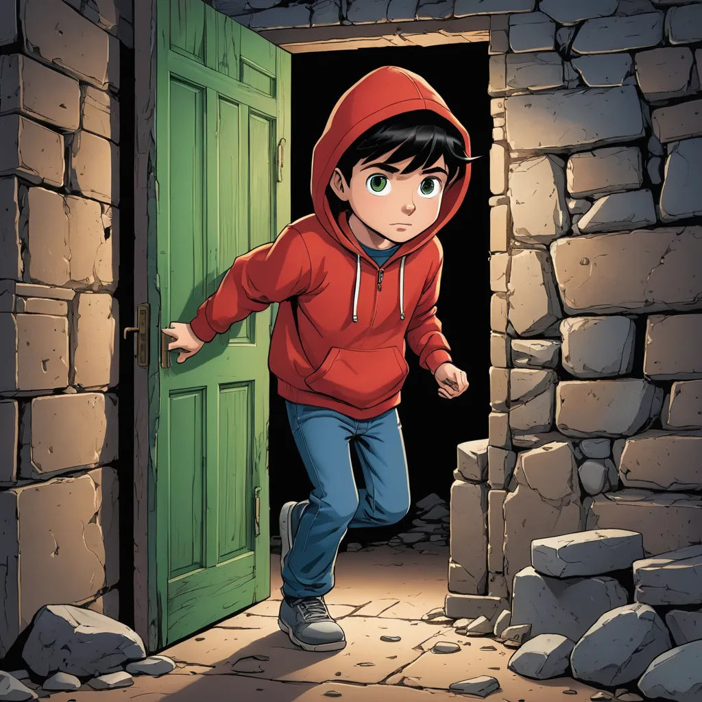 a boy in a red hoodie is entering a stone building with a green door and a green door handle, private press, a storybook illustration, Cliff Childs, comic cover art