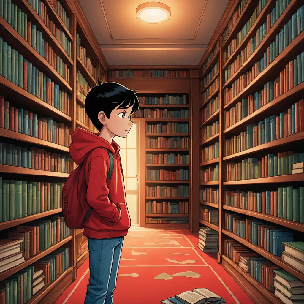 a boy standing in a library with a book in his hand and a book on the floor in front of him, photorealism, a storybook illustration, Aaron Jasinski, storybook illustration