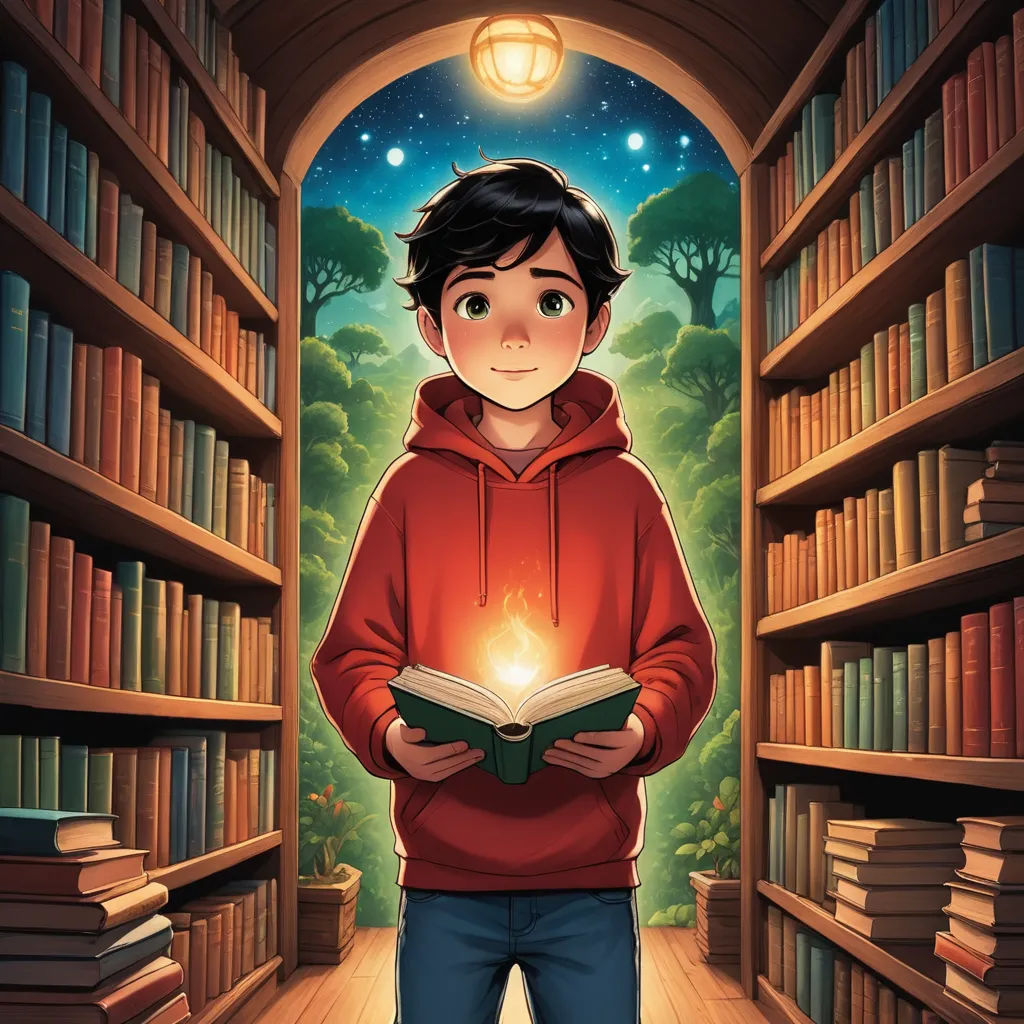 a boy standing in a library holding a book and looking at the camera with a light on his face, magical realism, a storybook illustration, Diego Gisbert Llorens, storybook illustration