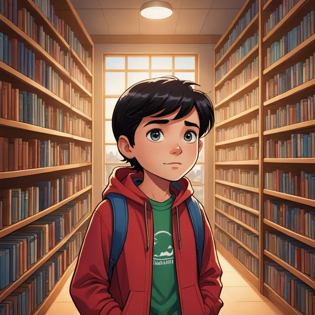 a boy standing in a library with a book shelf full of books behind him and a window to the outside, lyco art, a character portrait, Everett Warner, graphic novel