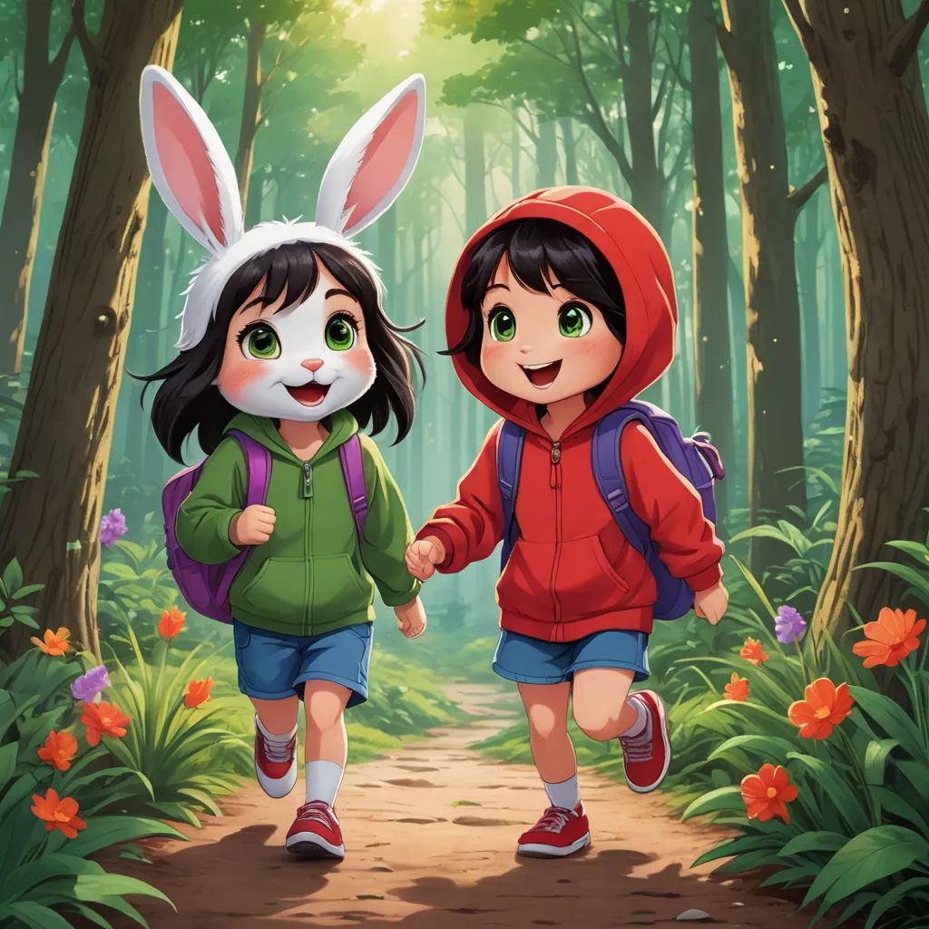 two children walking in the woods with bunny ears on their heads and a backpack on their back, both wearing bunny ears, furry art, a storybook illustration, Diego Gisbert Llorens, official art