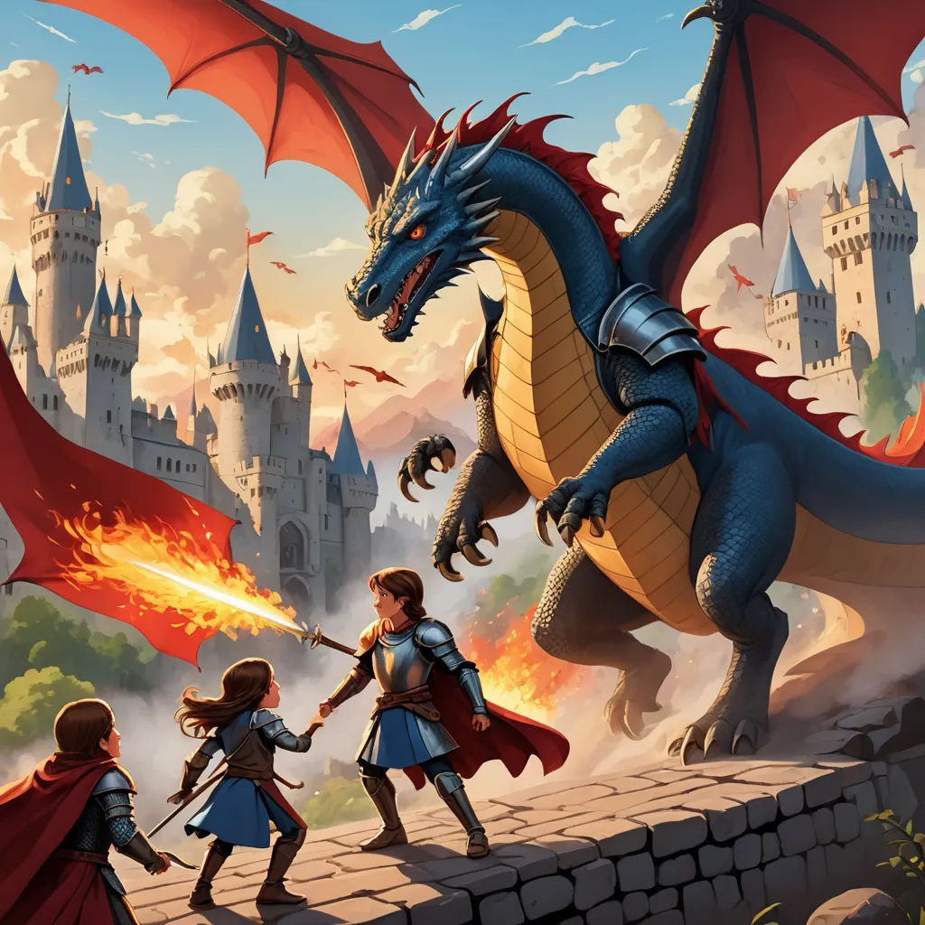 a dragon attacking a girl in front of a castle with a red cape and a red caped woman, fantasy art, a storybook illustration, Christophe Vacher, fantasy concept art
