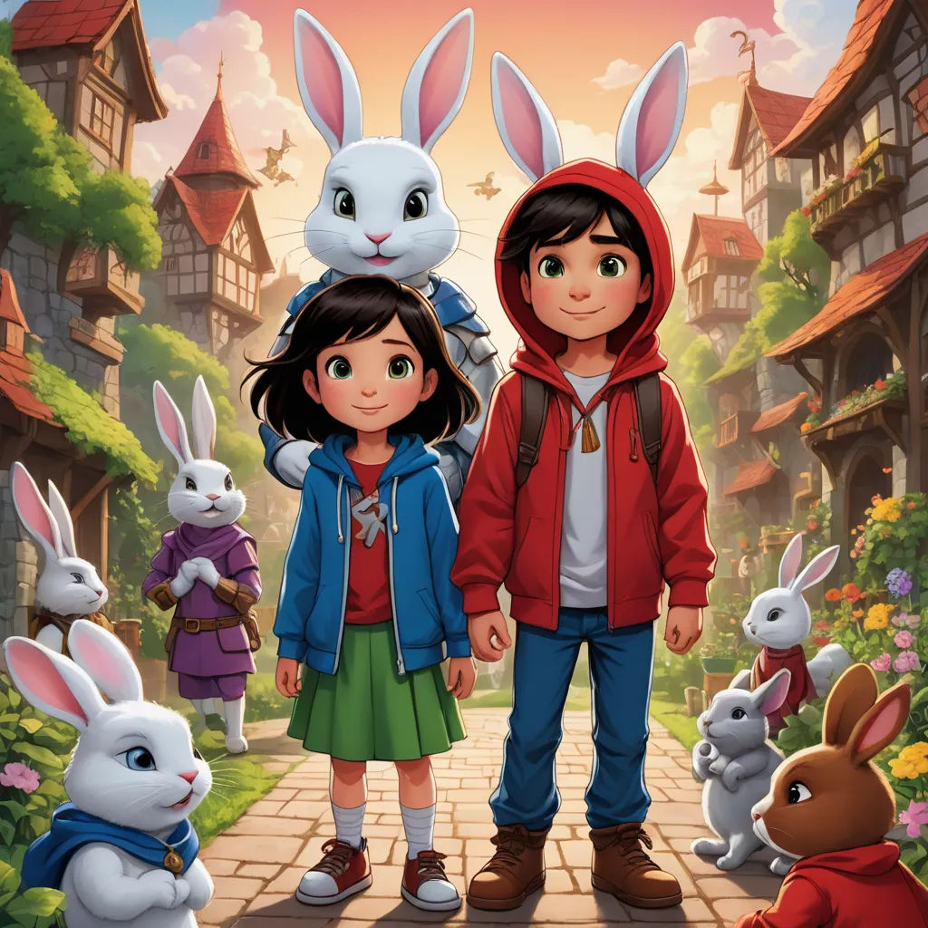 a couple of kids standing next to each other in front of a rabbit and rabbit house with rabbits on the sidewalk, furry art, poster art, Felix-Kelly, key art