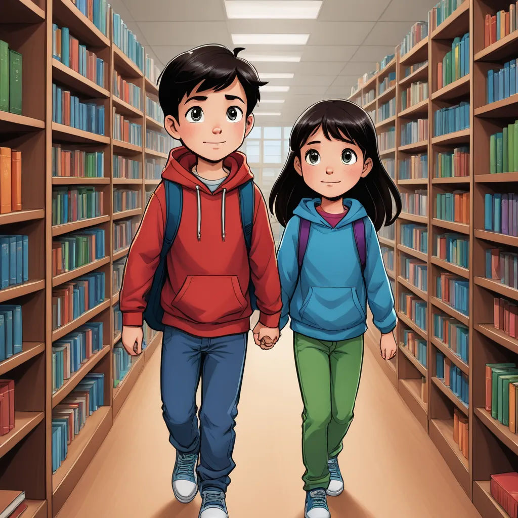a boy and a girl walking in a library with bookshelves behind them illustration by alex macgrew, lyco art, a storybook illustration, Diego Gisbert Llorens, storybook illustration