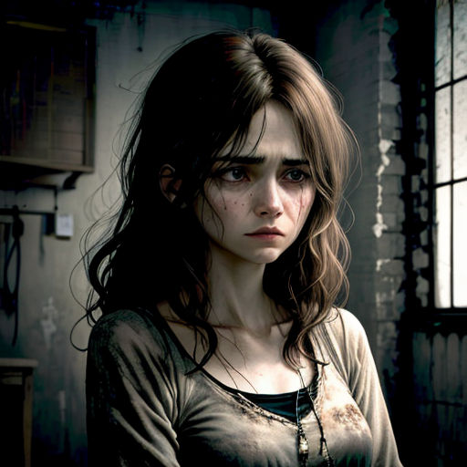 a woman with a necklace standing in a room with a window and a clock on the wall behind her