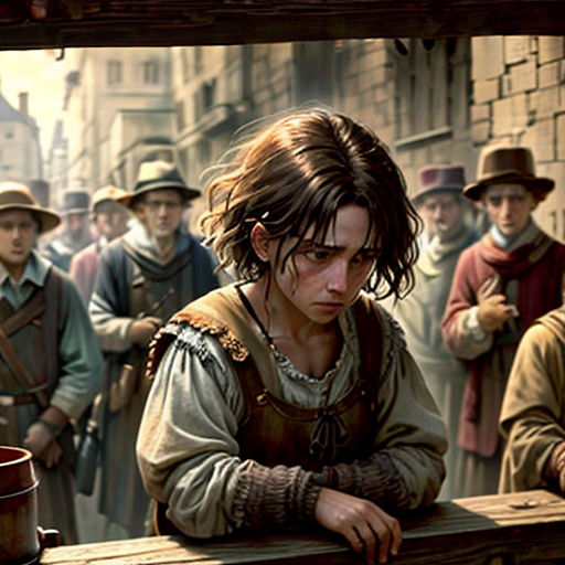 a group of people standing around a wooden table in a room with a window and a man looking at something