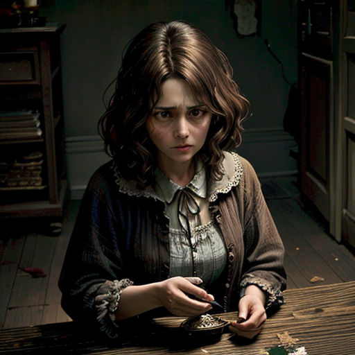 a woman sitting at a table with a plate of food in her hand and a knife in her other hand