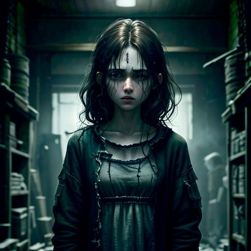a woman standing in a dark room with a creepy look on her face and hands in her pockets,