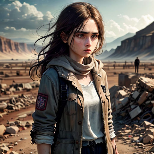 a woman standing in a desert with a man in the background looking at the camera and a man in the distance