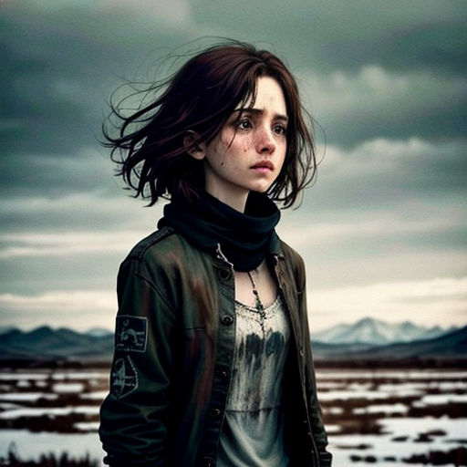 a woman standing in a field with a black jacket on and a black scarf around her neck and a black and white shirt on