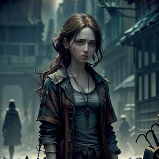 a woman in a black dress and a man in a black coat are walking down a street in a dark city
