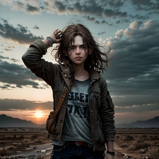 a woman standing in a field with a sky background and clouds in the background, with a sunset behind her
