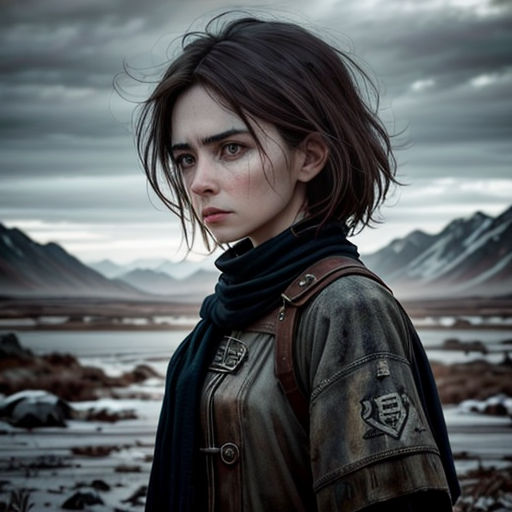 a woman with a scarf around her neck standing in a field with mountains in the background and a cloudy sky