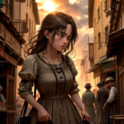 a woman in a dress is walking down a street with a bag in her hand and a man in a suit is standing behind her