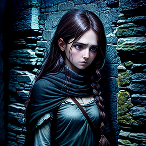 a woman with long hair standing in front of a stone wall with a sword in her hand and a green dress