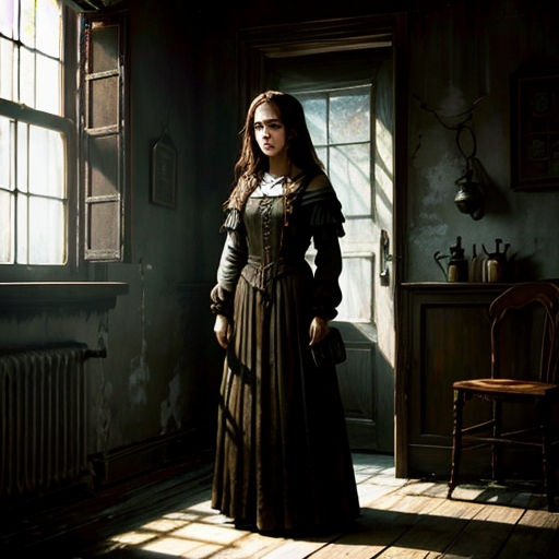 a woman in a long dress standing in a room with a window and a chair in front of her