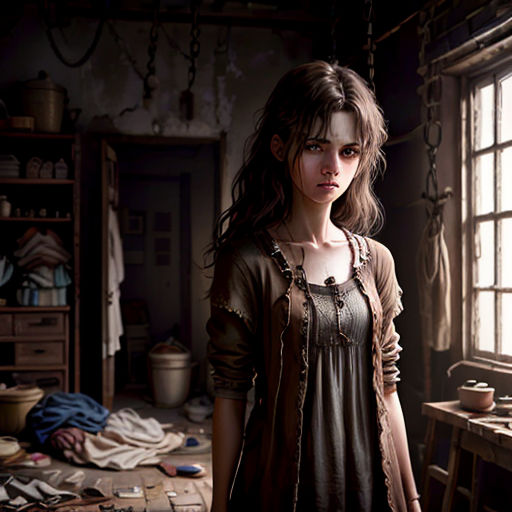 a woman standing in a room with a window and a table with a knife and a bowl on it