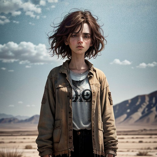 a woman standing in the middle of a desert with mountains in the background and clouds in the sky above her